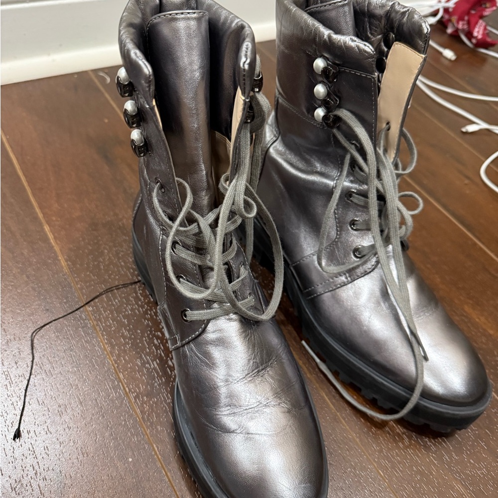Metallic Gray Lace-Up Boots